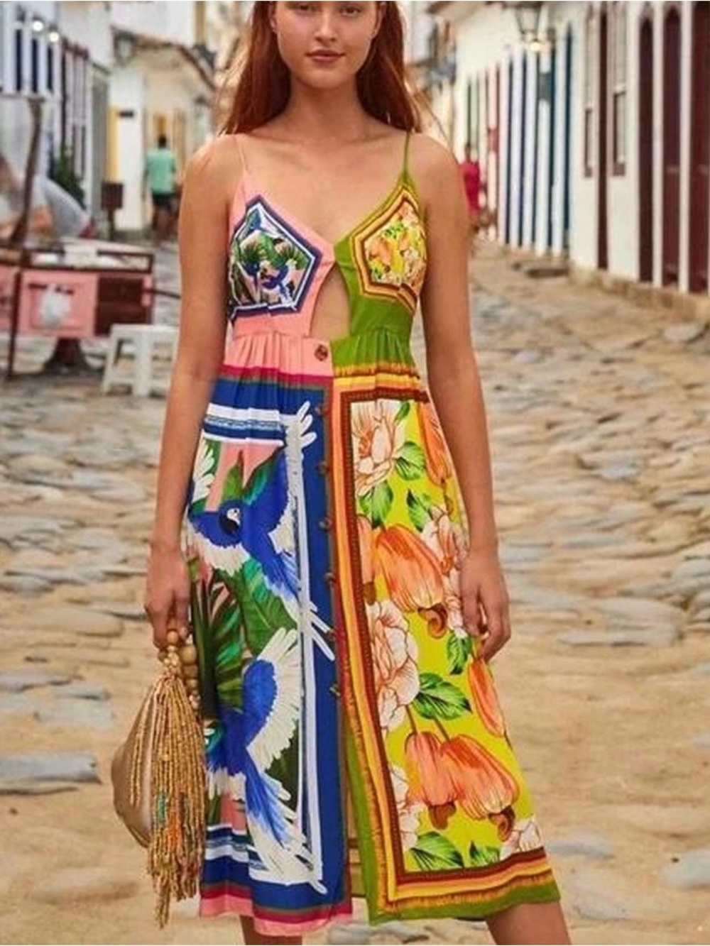 FARM Rio Pink, Blue, Green & Yellow Floral and Bird Print Midi Dress